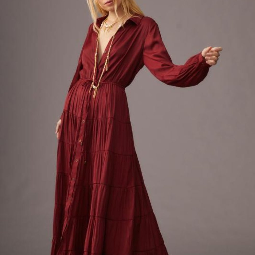 BY ANTHROPOLOGIE Tiered Button Front Dress - Crimson Size S